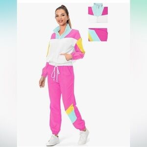 80s  2 Piece Tracksuit Costume Color Block Windbreaker Jacket Pants